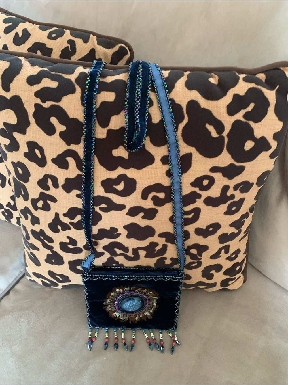 Blue Velvet Beaded Mini Fringe Crossbody with Feather Medallion 5x6 Handmade